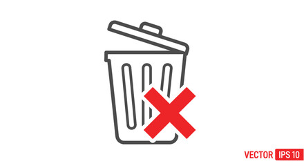 Clean vector graphic of a delete or remove icon, showing a waste bin crossed with a red 'X' symbol, ideal for user interface design and digital error indicators
