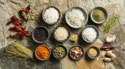 spice. Assortment of fresh Asian ingredients displayed on a rustic stone surface, captured from above. menu design, packaging mockups, designed for culinary blogs and recipe cards for restaurants.