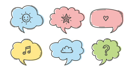 Whimsical collection of vibrant hand-drawn speech and thought bubbles, each featuring a playful icon, ideal for conveying messages and ideas