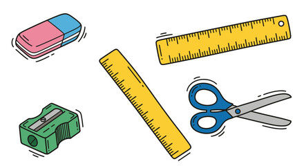 Vibrant hand-drawn collection of school and office essentials yellow rulers, a pink and blue eraser, a green pencil sharpener, and blue scissors, perfect for educational projects