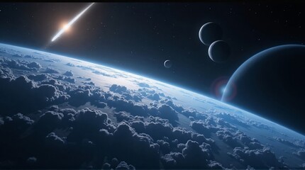Fototapeta premium Beautiful View of Earth from Space with Planets and Cosmic Light