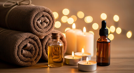A serene spa arrangement for relaxation and wellness, featuring aromatherapy essential oils, warm candlelight, and soft rolled towels
