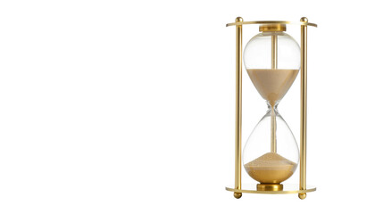 Antique hourglass with sand on a white background, representing the concept of time and countdown