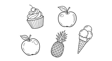 Hand-Drawn Food Illustration Set Simple Outline Art for Cupcake, Apples, Pineapple, Ice Cream. Perfect for Menus, Recipes, and Sweet & Healthy Design Projects