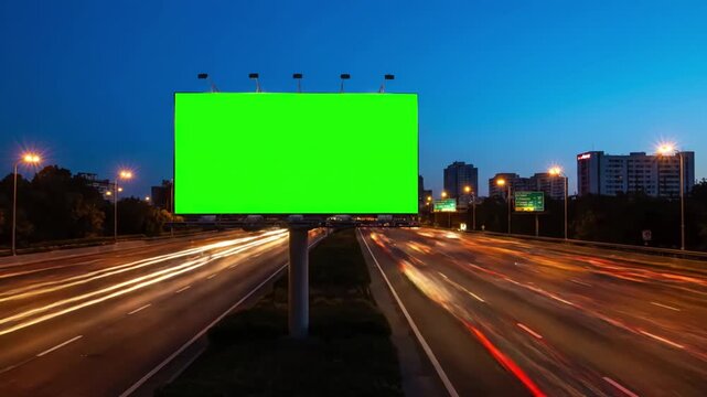 Green Screen 4k advertising billboard on sidelines of expressway with traffic at evening time lapse scene 1 distortion, overlay, glitch, static noise, scan lines black background, animated video loop