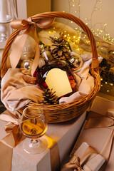 Warm celebration with a gift basket and festive decor in cozy setting