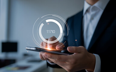 Businessman using smartphone with futuristic circular progress bar interface