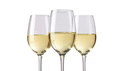 Two elegant crystal champagne flutes with gold bubbles are isolated for a celebration toast