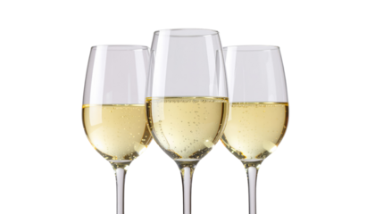 Two elegant crystal champagne flutes with gold bubbles are isolated for a celebration toast