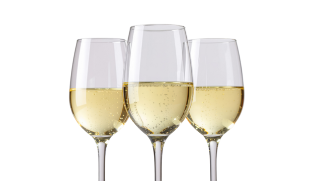 Two elegant crystal champagne flutes with gold bubbles are isolated for a celebration toast