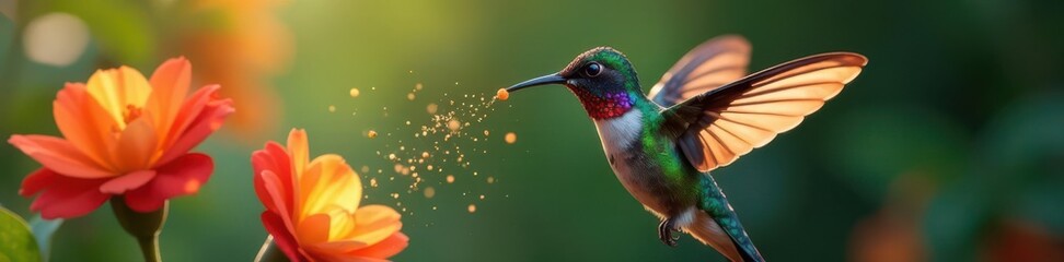 Fototapeta premium Hummingbird feeding, iridescent feathers, pollen dusting , flower, macro photography, feather