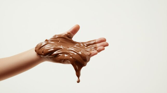 A hand holds a large glob of dark chocolate, with the chocolate dripping down the fingers. The hand is positioned against a plain white background. 