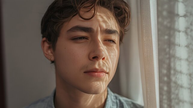 A thoughtful young man gazes through a sunlit window.