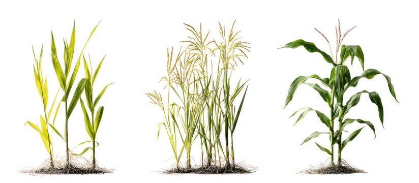 Sets of barley plants millet plants and corn plants side by side on transparent background