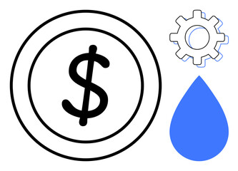 Dollar coin surrounded by gear and water drop. Ideal for finance, efficiency, sustainability, economics, resource management, energy, and productivity. Minimalist flat metaphor