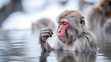 Snow monkey macaque bathing in hot spring japan wildlife photography