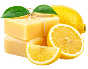 Bright Yellow Lemon Soap Bar Isolated on White Background