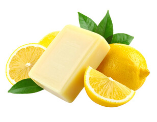 Yellow Lemon Soap Bar Isolated on White with Lemon Slices