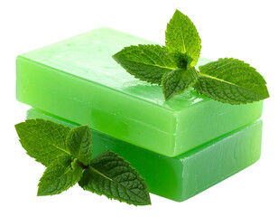 Single Bar of Green Mint Soap Isolated on White Background