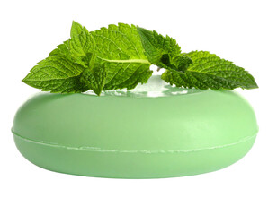 Round Green Mint Soap Isolated on White with Mint Leaves