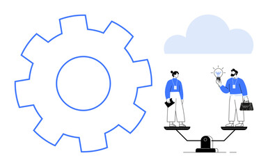 Large gear beside two people on a balanced scale sharing a lightbulb. Ideal for teamwork, collaboration, innovation, equality, problem-solving, productivity, growth, simple flat metaphor