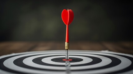 Darts game target with red dart in bullseye for success and accuracy