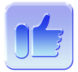Vibrant 3D Thumbs Up icon with glossy glassmorphism effect - Translucent blue square like button for web or app UI