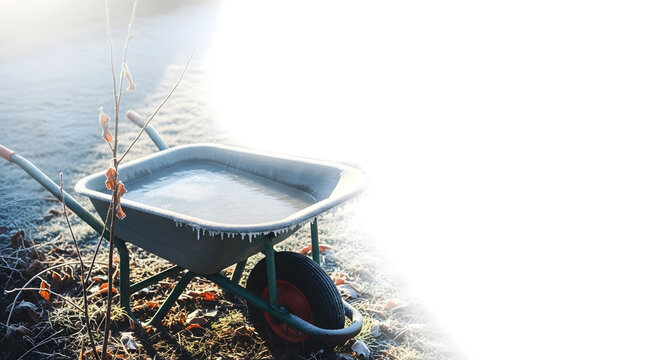 Icy wheelbarrow in garden on a sunny winter day  