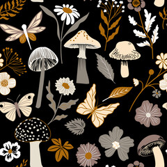 Mushroom botanical vector floral seamless pattern design mushroom packaging design linocut pattern