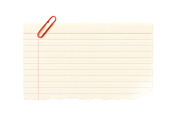 Lined index card with red paperclip and torn bottom edge on white background, and Real notepad with grid line isolated. White grid notepaper journal sticker. A blank sheet of checkered paper.