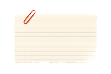 Lined index card with red paperclip and torn bottom edge on white background, and Real notepad with grid line isolated. White grid notepaper journal sticker. A blank sheet of checkered paper.