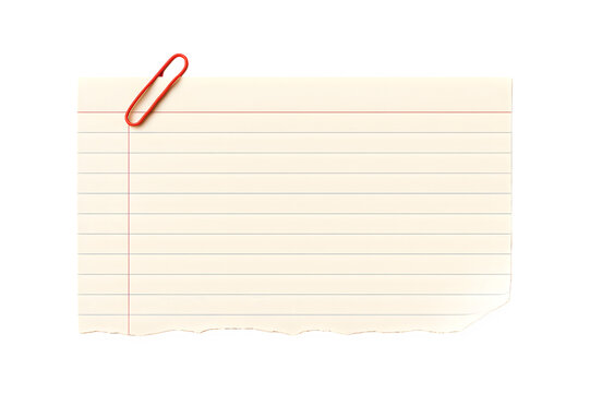 Lined index card with red paperclip and torn bottom edge on white background, and Real notepad with grid line isolated. White grid notepaper journal sticker. A blank sheet of checkered paper.