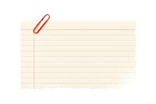 Lined index card with red paperclip and torn bottom edge on white background, and Real notepad with grid line isolated. White grid notepaper journal sticker. A blank sheet of checkered paper.
