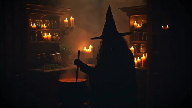 Witch brewing potion in candlelit library