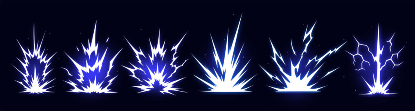 Manga thunder effect with comic bolt lightening lightning vector burst. Manga thunder explosion crack works in bg set. Electric strike sprite for game vfx, power impact or digital blast asset.