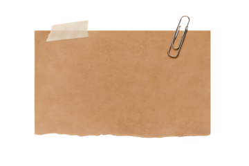 Torn brown cardboard paper with transparent paper tape and paperclip on white background, ideal for notes, memos, or design mockups. Vintage torn cardboard paper notes. Old Paper Clip Isolated. Blank