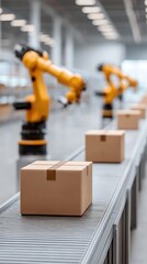 Automated Robotic Arms Working on a Cardboard Box Conveyor Belt in a Brightly Lit Industrial Warehouse Setting with a Shallow Depth of Field