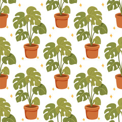 Seamless flat pattern with monstera houseplant in pot on white background