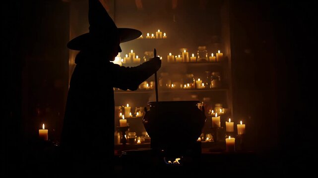 Witch brewing potion in candlelit room