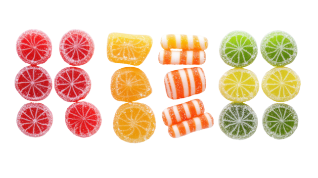 Assortment of colorful fruit candies isolated on transparent background