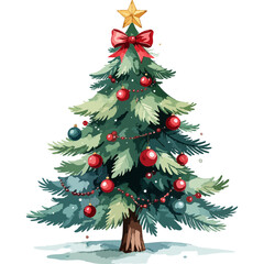 Watercolor Christmas Tree with Snow, Red Berries and Bow Illustration