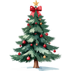 Watercolor Christmas Tree with Snow, Red Berries and Bow Illustration