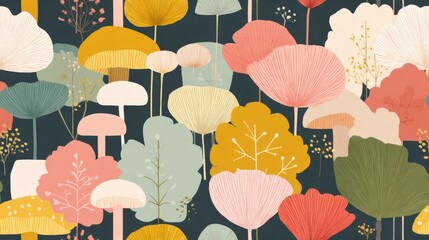 pastel mushroom house wallpaper Colorful Abstract Floral Pattern with Large Ginkgo and Mushroom Shapes in Soft Pastel and Vibrant Hues a vintage storybook mushroom wallpaper