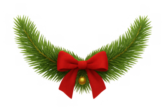 Christmas fir branch garland with red ribbon bow and golden bauble, symbolizing holiday decoration and festive celebration