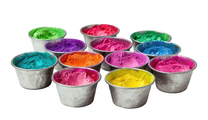 Holi powders in silver cups showcasing vibrant colors