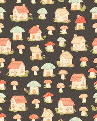 pastel mushroom house wallpaper Whimsical Ceramic Mushroom and Miniature House Pattern on Dark Background for Decorative Design a vintage storybook mushroom wallpaper