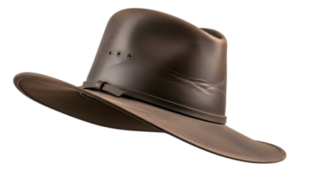 Classic brown leather cowboy hat with a wide brim and decorative stitching isolated on transparent background