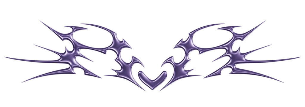 Purple 3D chrome neo tribal tattoo. Succubus womb sigils and sharp cyber sigilism elements in liquid violet Y2K metallic style. Transparent background