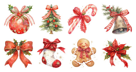 Fototapeta na wymiar PNG Festive Christmas holiday decorations illustration, element set on transparent background