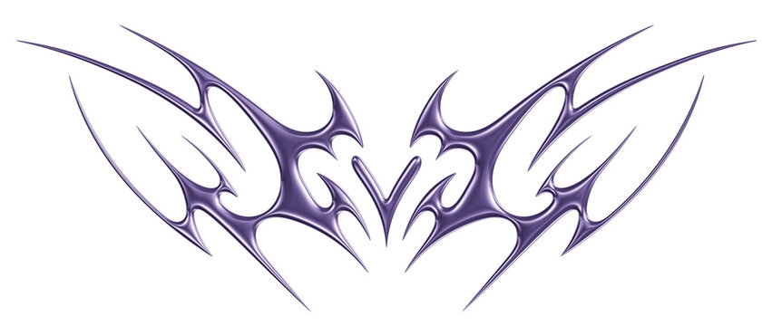 Purple 3D chrome neo tribal tattoo. Succubus womb sigils and sharp cyber sigilism elements in liquid violet Y2K metallic style. Transparent background